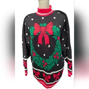 Vintage 1990s Y2K Knitwaves Christmas wreath holiday turtleneck sweater